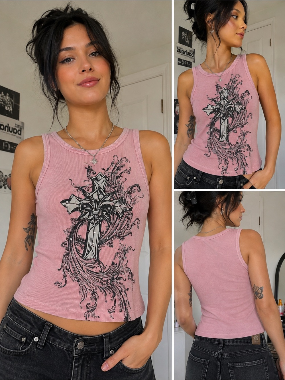 Hot Topic Pink Cross Filigree Rhinestone Ribbed Tank Top Women’s Medium NWT